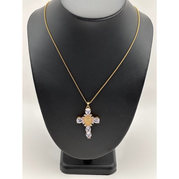Gold Tone Cross Virgin Mary Pendant Necklace - Picture 1 of 7